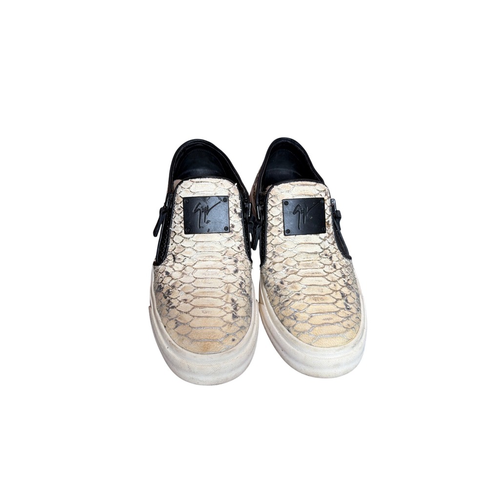 Giuseppe Zanotti Snakeskin Embossed Leather Zip Slip On Sneakers Cream Black 37